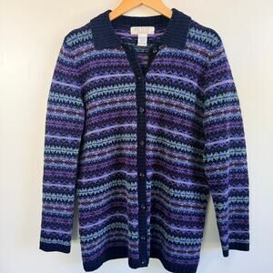 Vintage Petite Sophisticate Fair Isle Cardigan Sweater Medium Purple Blue Stripe